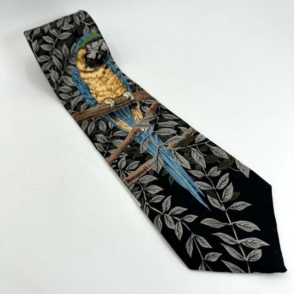 Marc Dennis Endangered Species Tie Mens OS Black Blue Macaw Silk‎ 1995 Vintage